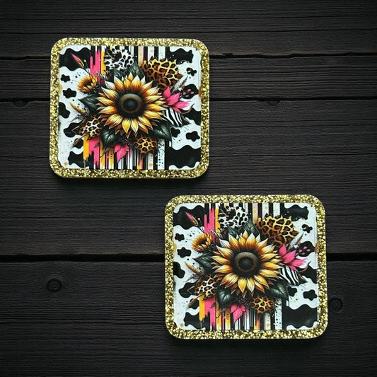 Sunflower Cowprint Glitter Acrylic Flatback